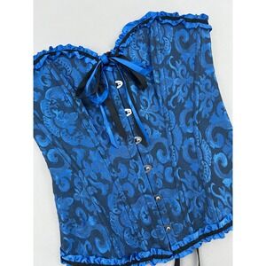 Blue Damask Brocade Lace Up Corset Top Gothic Steampunk XS